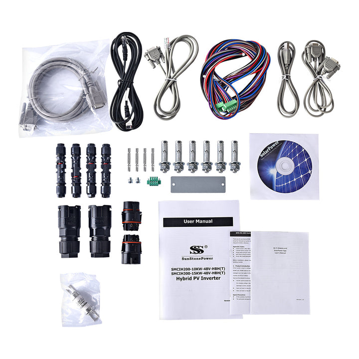 Onduleur solaire hybride 3 phases SMCIH200-10KW-48V-HBH(T) Accessoires, y compris connecteurs PV, câble RS232, manuel, etc. | Sunstone Power