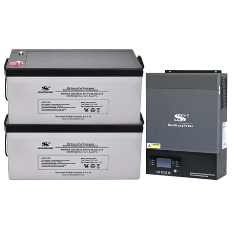 Découvrez un système d’énergie autonome professionnel combine un onduleur solaire 24V 4000W compatible réseau (sans injection de courant) et 2 batteries gel 12V 270Ah | Achetez en France